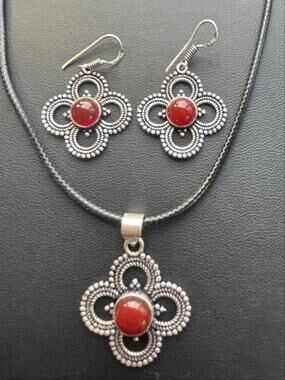 925 Sterling Carnelian Flower Pendant & Earring Set